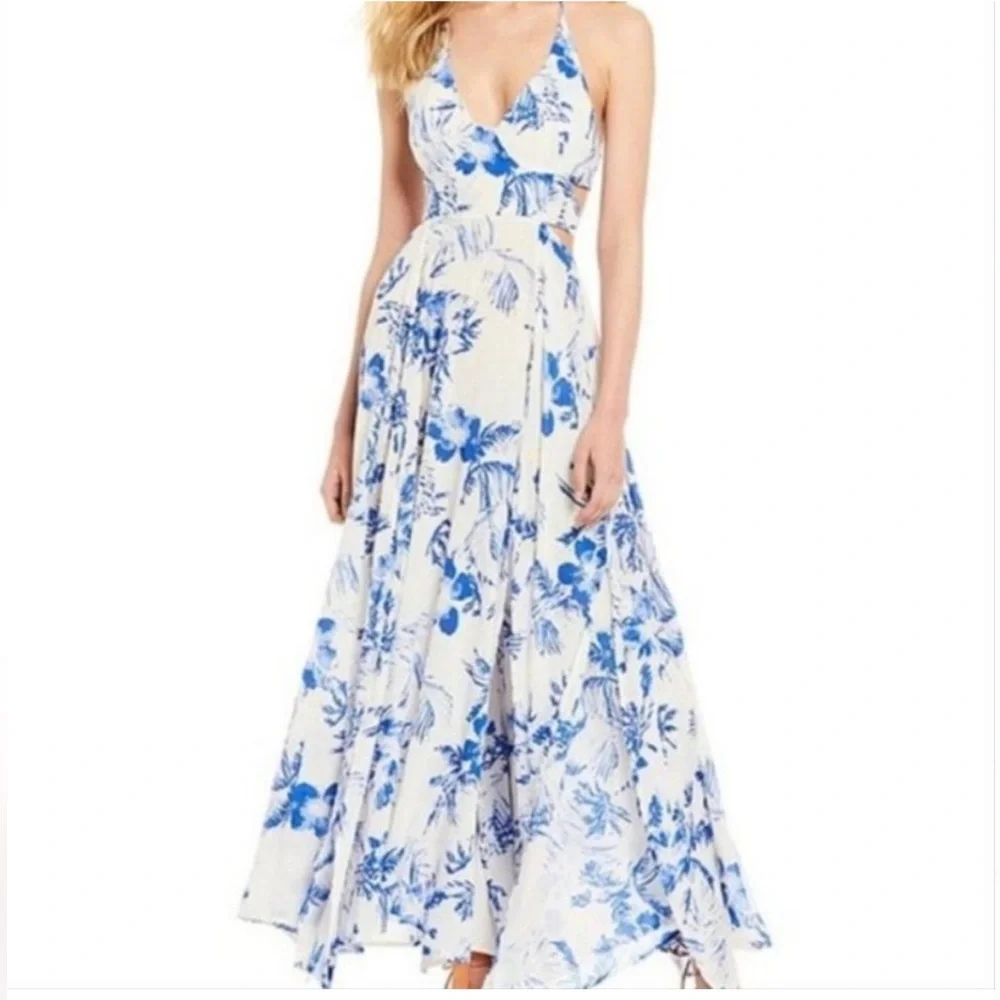 Free People Lille Floral Halter Maxi Dress in Blue and White